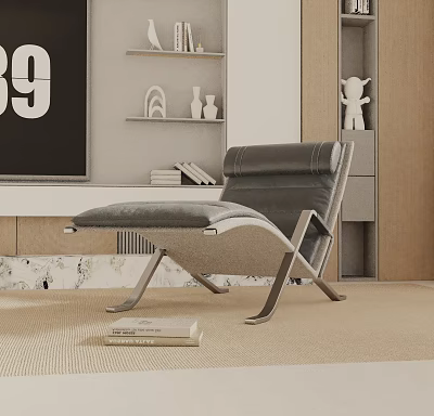 Modern Gray Leisure Chair with Metal Frame in Living Room with Shelves and Decorations 3d model