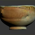 Carved Ceramic Bowl Sculpture With Orange Green Glazed Surface And Textured Design