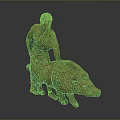 Detailed Ancient Sculpture of Man Supporting Large Standing Boar Figure