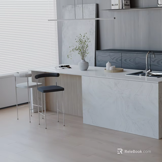 Modern Dining Table Set With Marble Countertop Black Bar Stools Vase Plants And Window Blinds 3d model