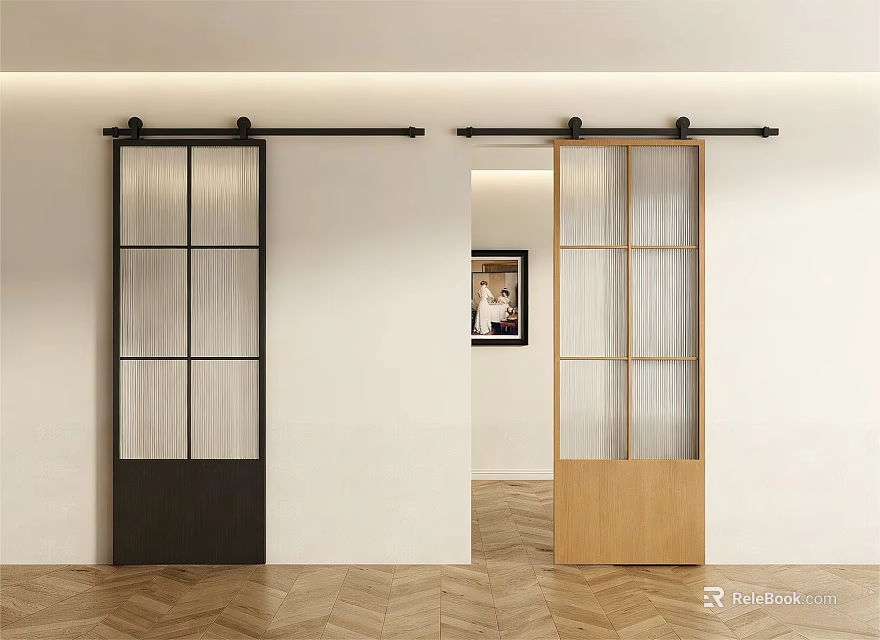 Modern Sliding Doors With Black And Wooden Frames And Grid Glass Panels In Interior 3d model 