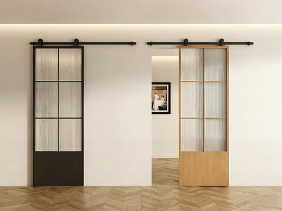 Modern Sliding Doors With Black And Wooden Frames And Grid Glass Panels In Interior 3d model