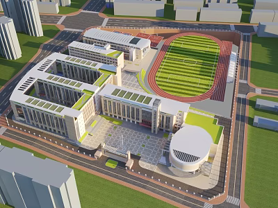 Modern School Buildings With Green Roofs Sports Field And Open Campus Layout 3d model