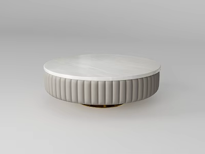 Round Coffee Table With White Marble Top And Gray Ribbed Upholstered Base Design 3d model