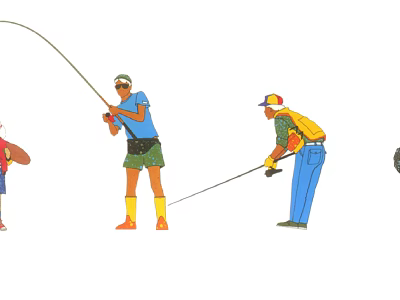 Group of People Enjoying Fishing with Colorful Clothing and Fishing Rods 3d model
