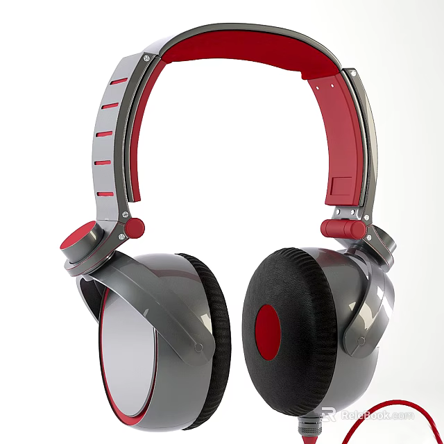 Modern Over Ear Headphone Speakers with Red Gray Accents and Padded Ear Cups 3d model 