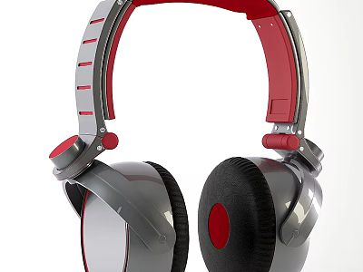 Modern Over Ear Headphone Speakers with Red Gray Accents and Padded Ear Cups 3d model