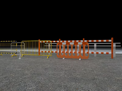 Various Construction Barriers With Yellow Orange And Striped Designs On Gravel Ground 3d model