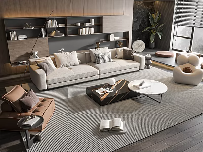 Modern Living Room Sofa With Cushions And Marble Coffee Table Set On Rug 3d model