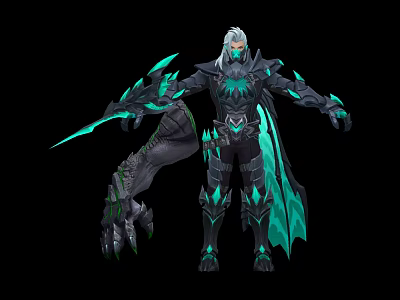 Mythical Game Warrior Character With Silver Hair Glowing Green Armor And Cloak 3d model