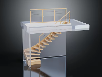 Modern Wooden Staircase With Railing Platform Transparent Support And Minimalist Design 3d model