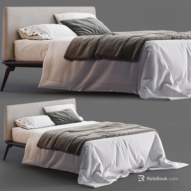 Modern Double Bed With Light Sheets Gray Pillows Brown Blanket And Minimalist Design 3d model 