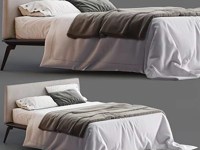 Modern Double Bed With Light Sheets Gray Pillows Brown Blanket And Minimalist Design 3d model