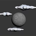 Decorative Ornament Set with Gray Moon Model and White Clouds on Black Background with Reflection 3d model