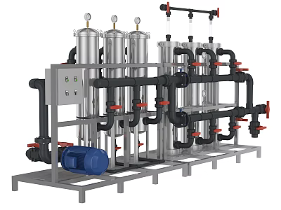 Industrial Water Treatment Equipment With Stainless Steel Tanks Pipes Valves Blue Pump And Control Panel 3d model