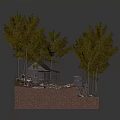 Rustic Cabin In Natural Setting With Tall Trees Parked Car And Red Earth Ground