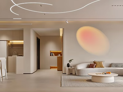 Modern Living Dining Room Interior With Curved Ceiling Lights Sofa Coffee Table And Colorful Wall Projection 3d model