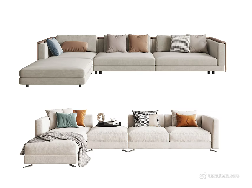 Modern Beige Sectional Sofa With Multiple Colored Cushions And Throw Blanket 3d model