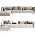 Modern Beige Sectional Sofa With Multiple Colored Cushions And Throw Blanket 3d model