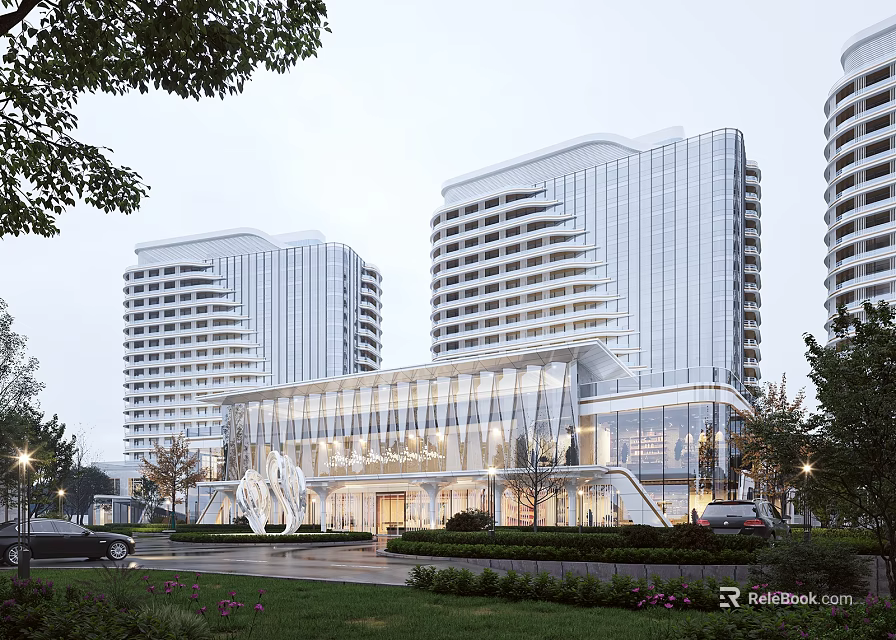 Modern High rise Residential Building With Glass Curtain Wall Streamlined Design And Landscaped Entrance Area 3d model 