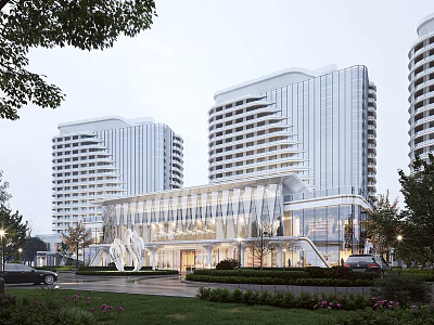 Modern High rise Residential Building With Glass Curtain Wall Streamlined Design And Landscaped Entrance Area 3d model