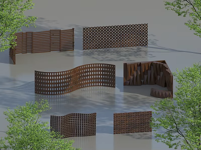 Wooden Fences With Various Designs Including Wavy And Lattice Patterns In Outdoor Setting With Trees 3d model