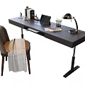 Black Desk With Laptop Table Lamp And Brown Chair With Blanket
