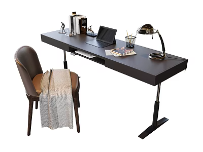 Black Desk With Laptop Table Lamp And Brown Chair With Blanket 3d model