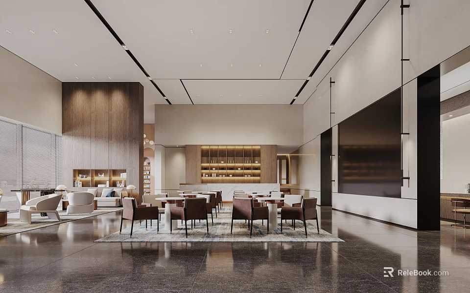 Modern Sales Office Interior Design With Spacious Space Tables Chairs Bookshelves And Lighting 3d model 