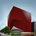 Modern Red Cube Shaped Office Building With Waterfront And Green Trees 3d model