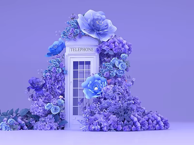 Photo Spot With White Telephone Booth Surrounded By Purple And Blue Flowers 3d model