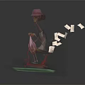 Pink Hat Character Riding Red Scooter With Small Animal In Basket And Flying Papers