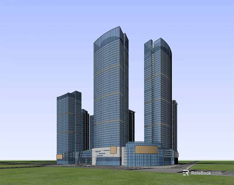 Modern High Rise Office Building With Glass Curtain Walls And Green Lawn Exterior 3d model 