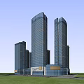 Modern High Rise Office Building With Glass Curtain Walls And Green Lawn Exterior