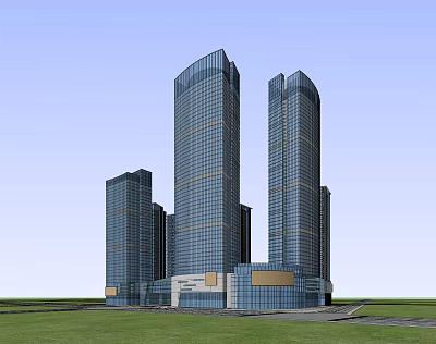 Modern High Rise Office Building With Glass Curtain Walls And Green Lawn Exterior 3d model