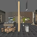 Modern Specialty Store Interior with Shelves Products Checkout Counter Stone Wall and Plants