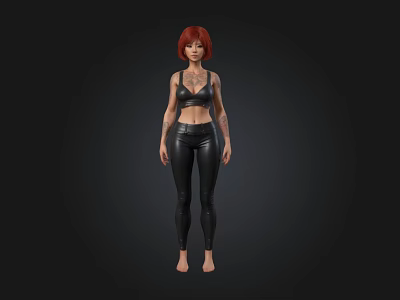 3D Female Character With Red Hair Black Leather Outfit And Tattoos 3d model