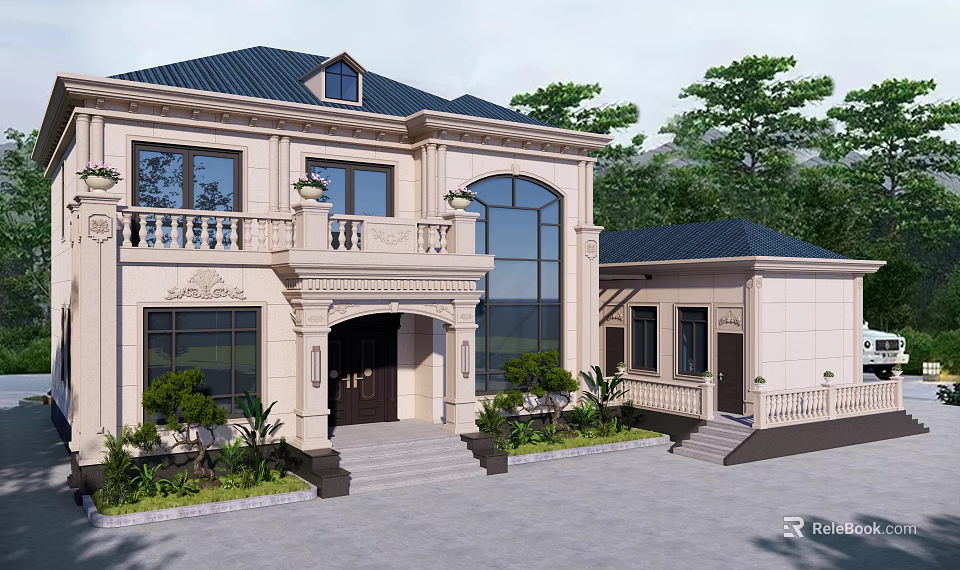 Elegant Classical Detached Villa With Stone Exterior Large Windows And Landscaped Garden 3d model 