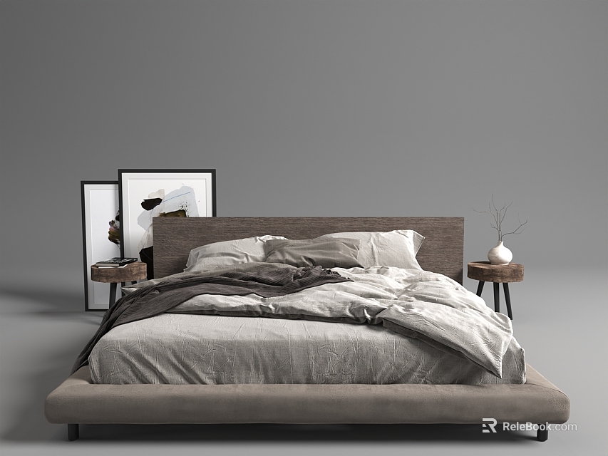 Modern Double Bed With Wooden Headboard Nightstands Gray Bedding And Wall Art 3d model 