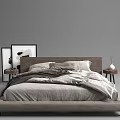 Modern Double Bed With Wooden Headboard Nightstands Gray Bedding And Wall Art
