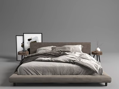 Modern Double Bed With Wooden Headboard Nightstands Gray Bedding And Wall Art 3d model