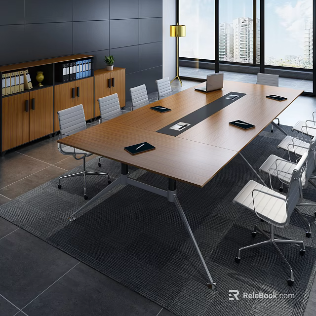 Wooden Conference Table In Modern Office With White Chairs Laptop And Notebooks 3d model 