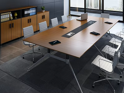 Wooden Conference Table In Modern Office With White Chairs Laptop And Notebooks 3d model