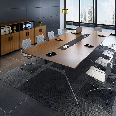 Wooden Conference Table In Modern Office With White Chairs Laptop And Notebooks 3d model