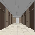 Elevator Hallway with Elevator Doors Light Tile Floor Wooden Panel Walls and Ceiling Lights 3d model