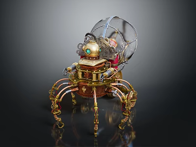 Ornate Steampunk Mechanical Spider Equipment With Metallic Legs Transparent Dome And Green Gemstone 3d model