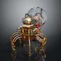 Ornate Steampunk Mechanical Spider Equipment With Metallic Legs Transparent Dome And Green Gemstone