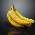 Bunch of Ripe Yellow Bananas with Brown Spots on Black Background and Reflection