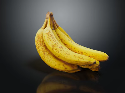 Bunch of Ripe Yellow Bananas with Brown Spots on Black Background and Reflection 3d model