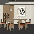Modern Restaurant Interior With Wooden Dining Table Orange Seats Pendant Lights And Decorative Art